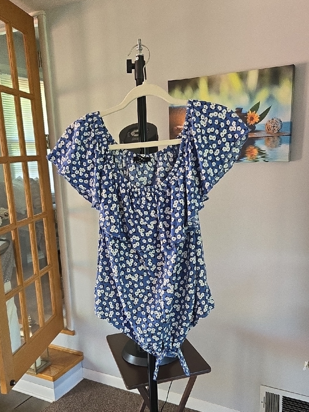 Women's Blue Floral Tie-Front Ruffle Blouse 💙 Size 1X